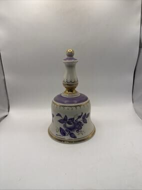 Vintage Porcelain Hand Bell Purple Floral Gold Gilt 7.5” Missing Clapper *